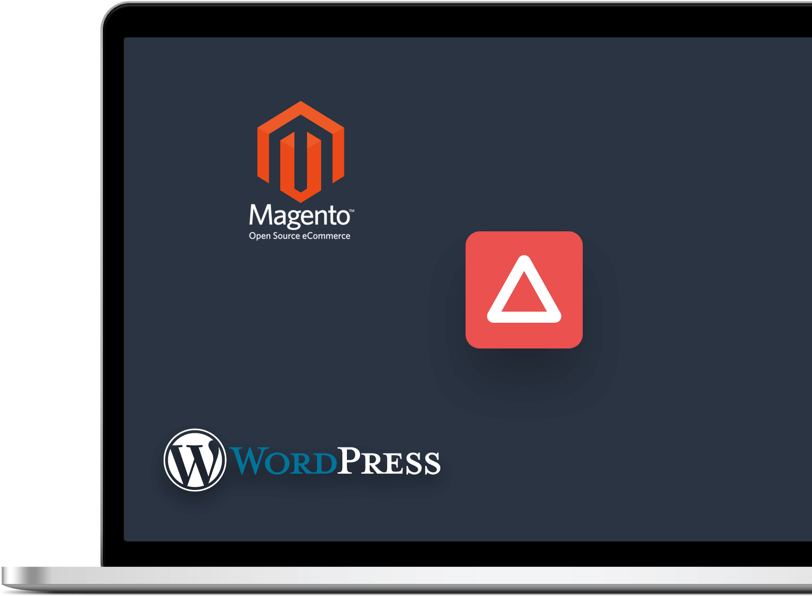 Ordinateur portable affichant les logos de Magento et WordPress.