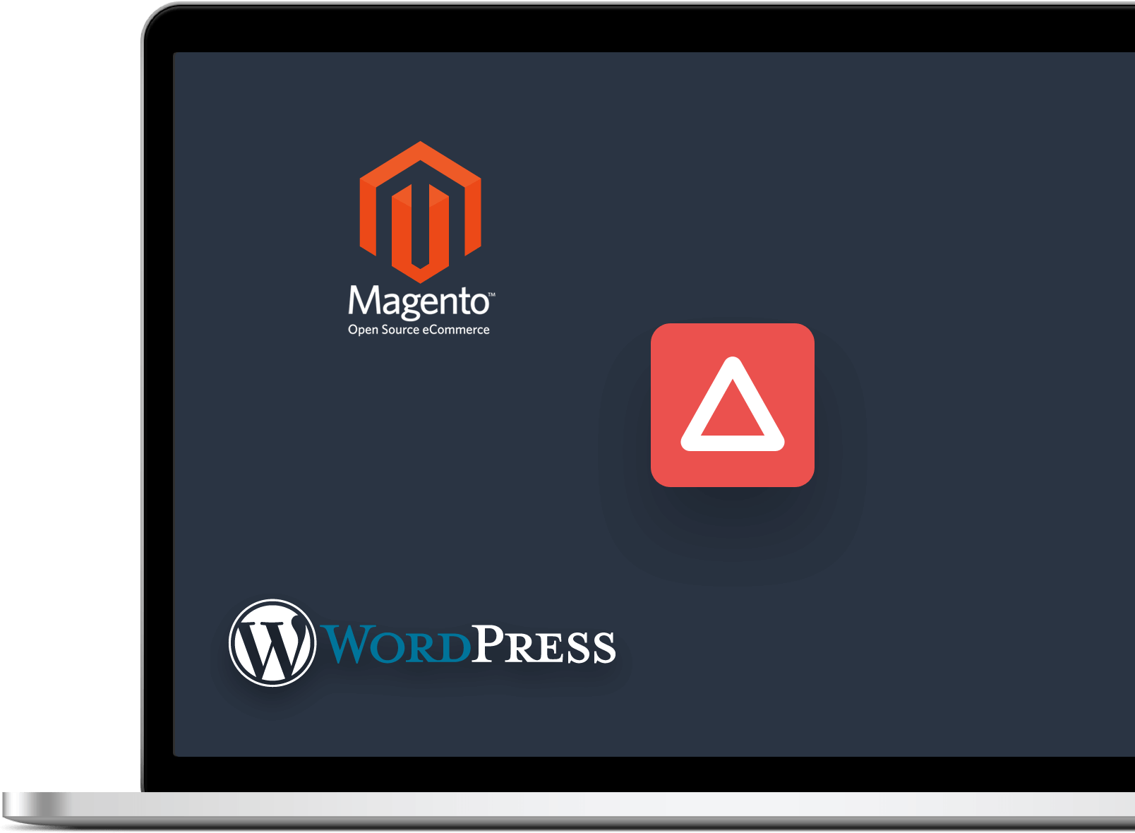 laptop-right-overflow_2x_Tiny Ordinateur portable affichant les logos de Magento et WordPress.