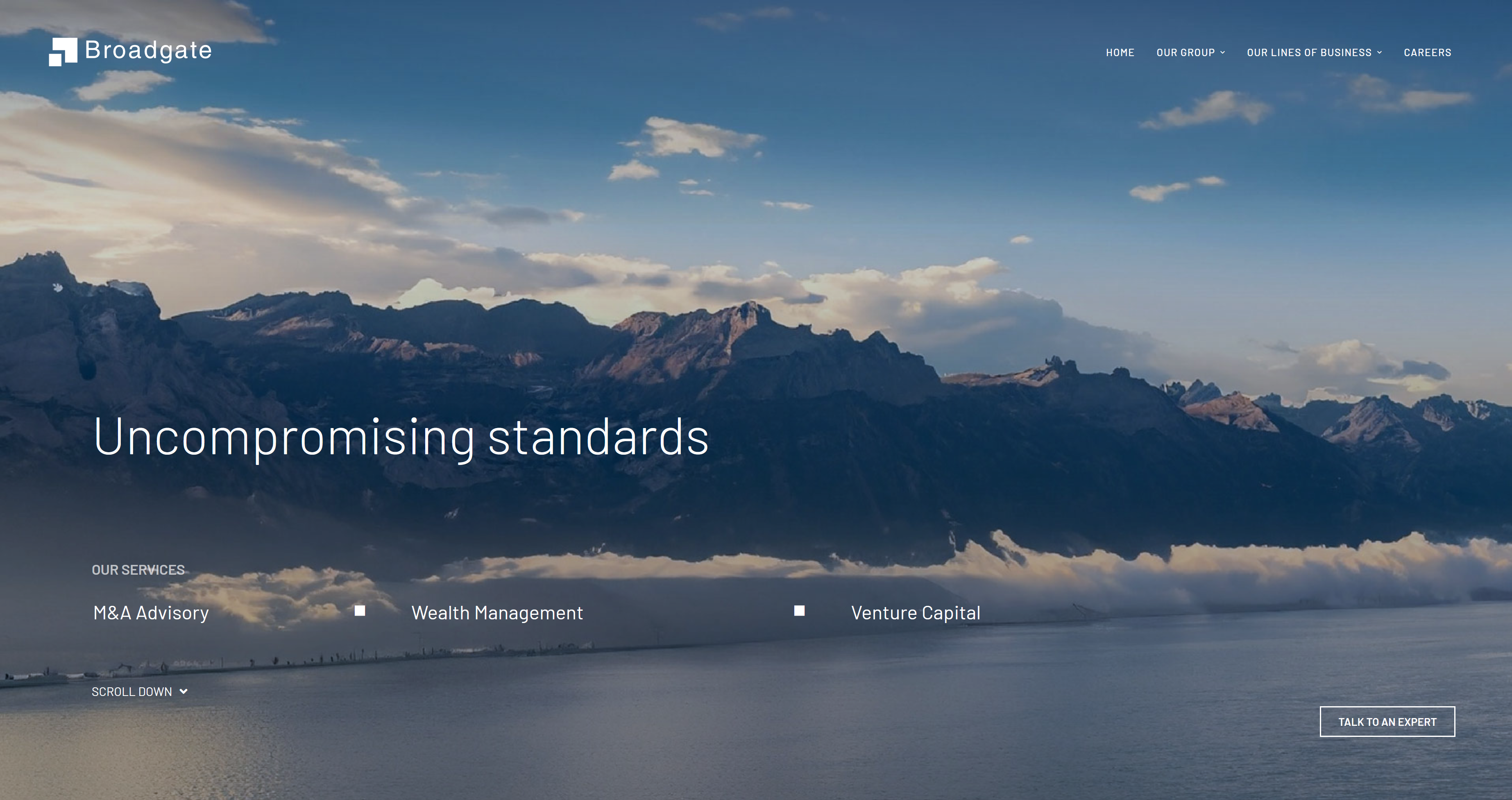 Homepage du site broadgateadvisers.com, développé par The Swiss Peak
