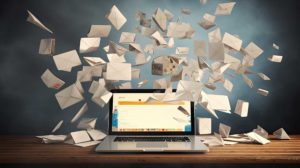 Image illustrant l'article de blog de The Swiss Peak au sujet du paramétrage des enregistrements DMARC, DDKIM et SPF, sur laquelle figure un laptop ouvert entouré d'une multitude de lettres et emails flottant autour du laptop.