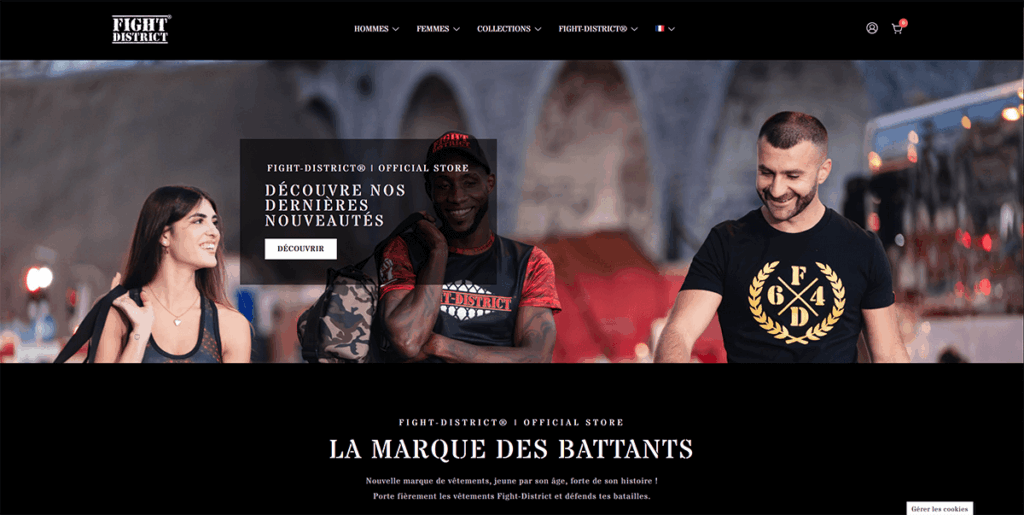 Aperçu de la page d'accueil du store de Fight-District, réalisé par The Swiss Peak